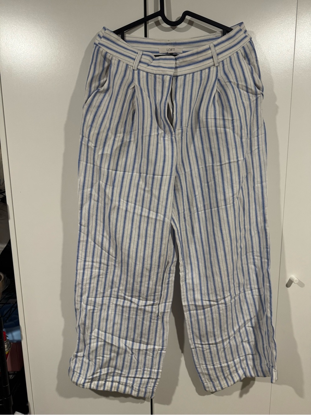 LOFT White and Light Blue Vertical Stripe Wide-Leg Pants